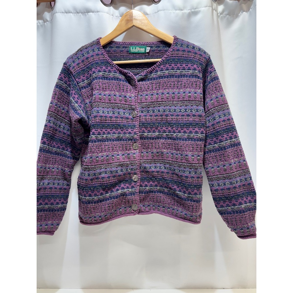 VTG LL Bean Cardigan Sweater Women's S Purple Fair Isle Knit Cotton Blend USA